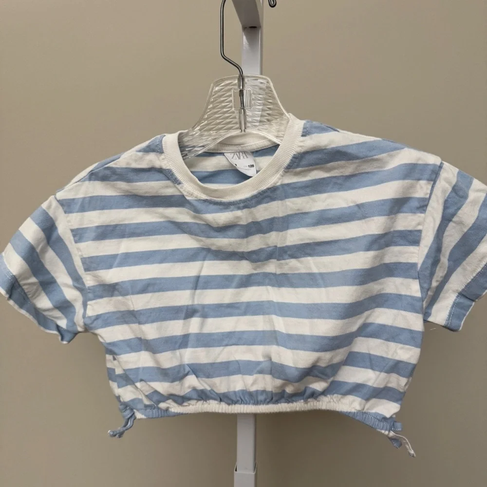 Zara Girls Sky Blue Elasticized Stripe Top Shirt 8 year - Picture 1 of 3